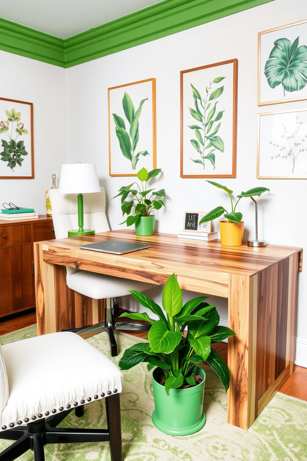 A stylish home office featuring a reclaimed wood desk with a natural finish, complemented by vibrant green accents throughout the space. The walls are adorned with botanical prints, and a lush potted plant sits beside the desk, adding a refreshing touch to the overall design.