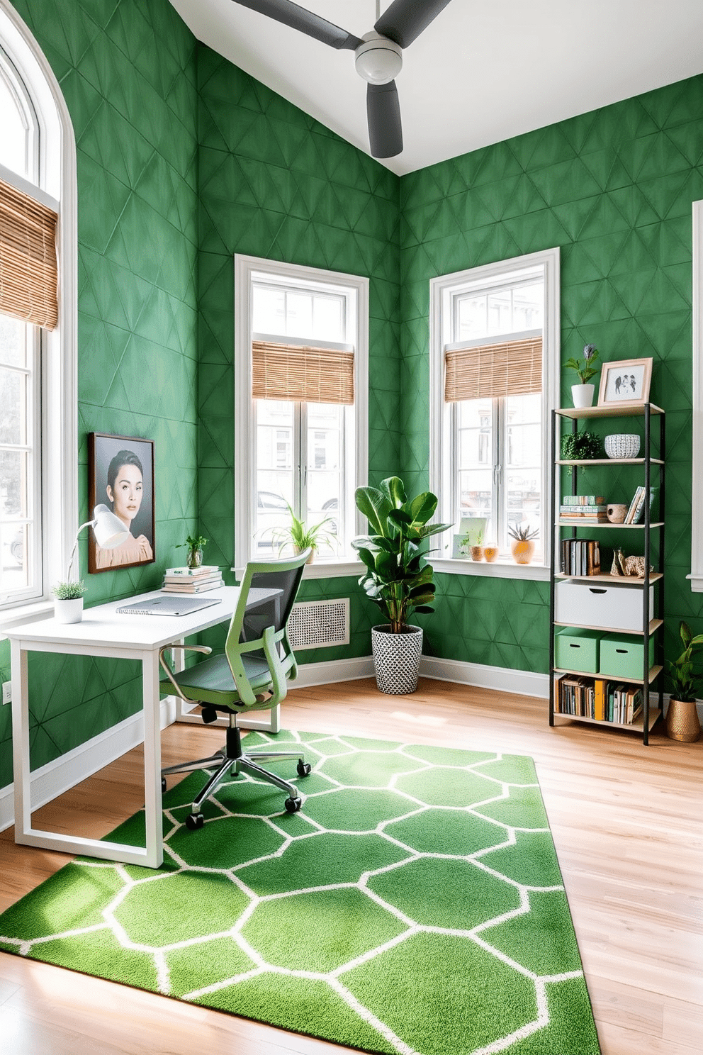 A vibrant home office featuring green geometric patterns in the decor. The walls are adorned with a bold green geometric wallpaper, complemented by a sleek white desk and a comfortable ergonomic chair. Natural light floods the space through large windows, illuminating a stylish bookshelf filled with plants and decorative items. A green area rug with geometric designs anchors the room, adding warmth and texture to the modern aesthetic.