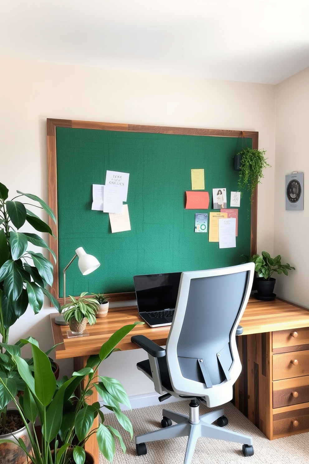 A cozy home office with a cork board covered in green fabric, providing a vibrant backdrop for notes and inspiration. The desk is made of reclaimed wood, paired with a sleek ergonomic chair, while potted plants bring a touch of nature into the space.