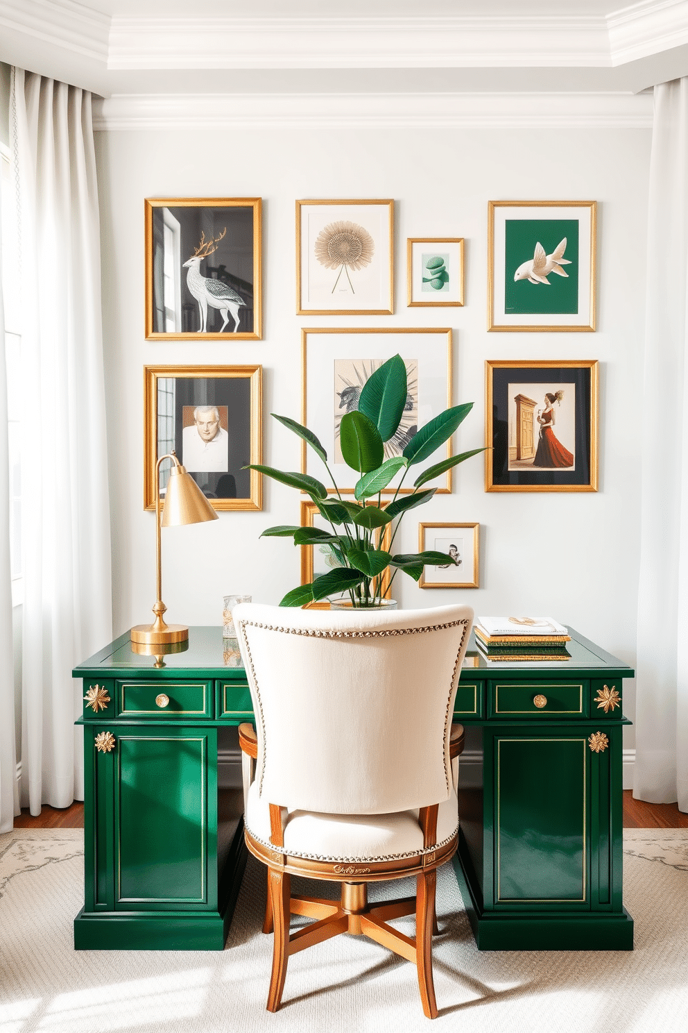 A stunning home office featuring an emerald green desk with elegant gold accents. The desk is paired with a plush, cream-colored chair, and behind it, a gallery wall showcases framed art in complementary colors. Natural light floods the space through large windows adorned with sheer white curtains. A vibrant indoor plant sits in the corner, adding a touch of freshness to the sophisticated atmosphere.