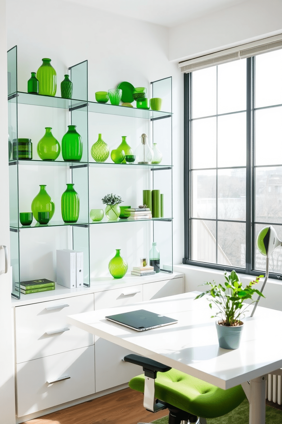 A modern home office featuring glass shelves adorned with various green decorative items, creating a fresh and vibrant atmosphere. The desk is sleek and minimalist, positioned near a large window that allows natural light to flood the space. The walls are painted in a soft white, providing a clean backdrop that enhances the greenery. A comfortable ergonomic chair complements the design, while a small potted plant adds a touch of nature to the workspace.