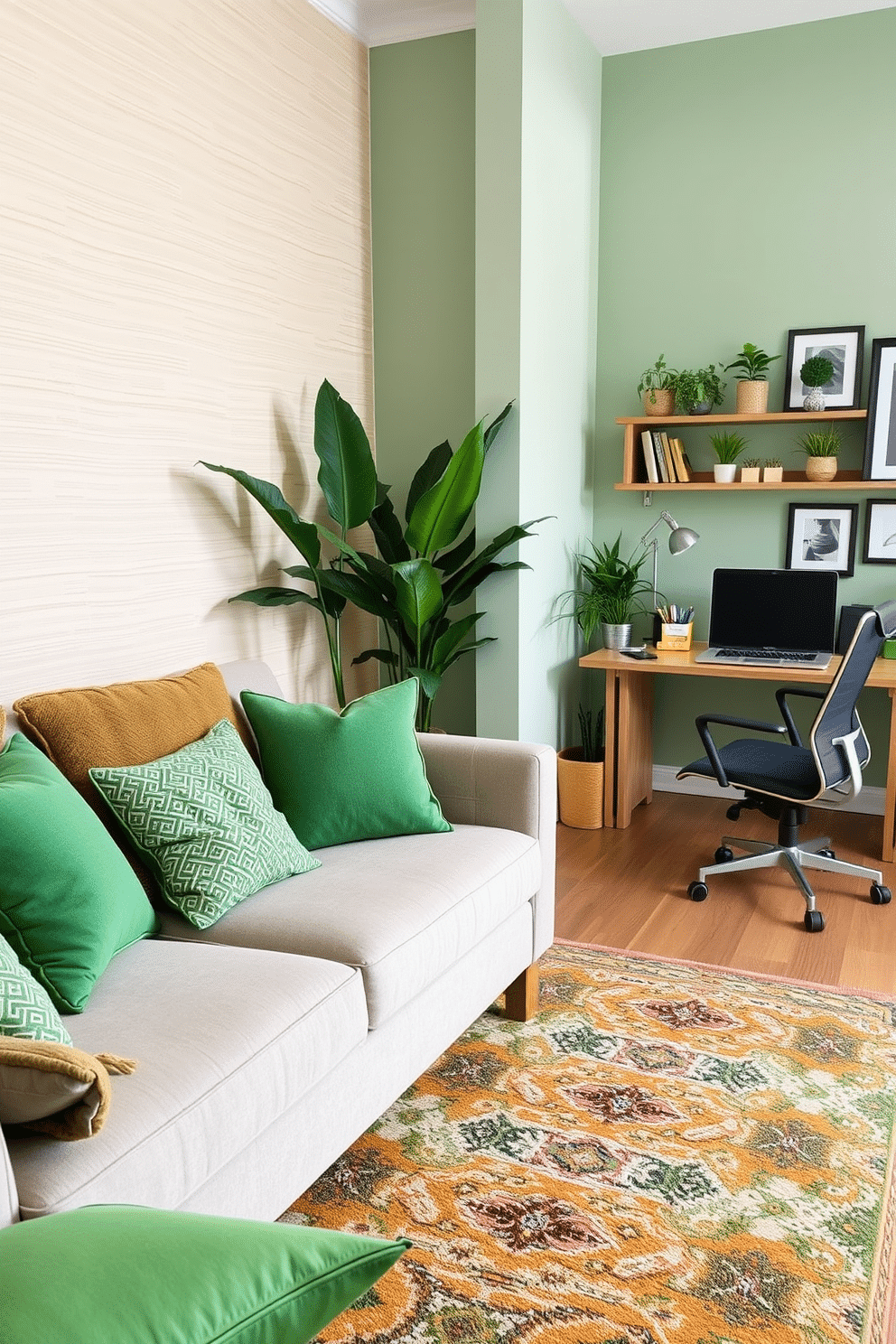 A cozy living room featuring a mix of bold patterns with green throw pillows scattered across a neutral sofa. The backdrop includes a textured wallpaper in soft beige, complemented by a vibrant area rug that ties the room together. A stylish home office designed with a calming green color palette, featuring a sleek wooden desk and an ergonomic chair. The space is adorned with potted plants and framed artwork, creating an inspiring and productive environment.