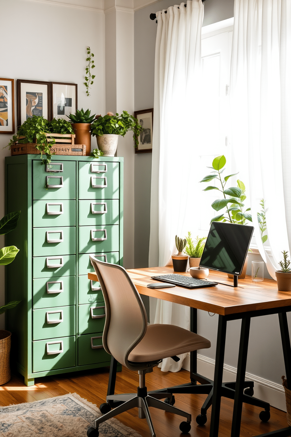 A vintage green filing cabinet stands prominently in the corner of a stylish home office, adding a touch of character and nostalgia. The space is bathed in natural light, with a large window adorned with sheer white curtains that gently filter the sunlight. The desk is made of reclaimed wood, complementing the cabinet's vintage charm, and is paired with a sleek ergonomic chair. Potted plants and framed art pieces adorn the walls, creating an inviting and inspiring workspace that reflects eco-friendly design principles.