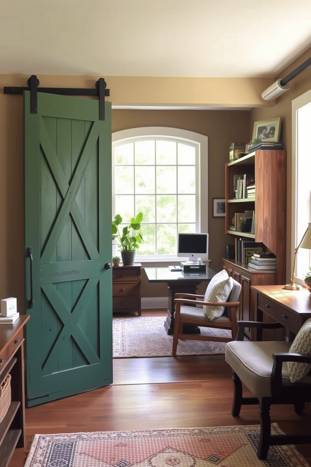 A rustic green barn door serves as the entryway to a cozy workspace, exuding charm and warmth. Inside, the home office features reclaimed wood furniture, a large window allowing natural light to flood the room, and greenery that enhances the calming atmosphere. The walls are painted in soft earth tones, complemented by a textured area rug that adds comfort underfoot. Shelves filled with books and personal mementos line the walls, creating an inviting and inspiring environment for productivity.