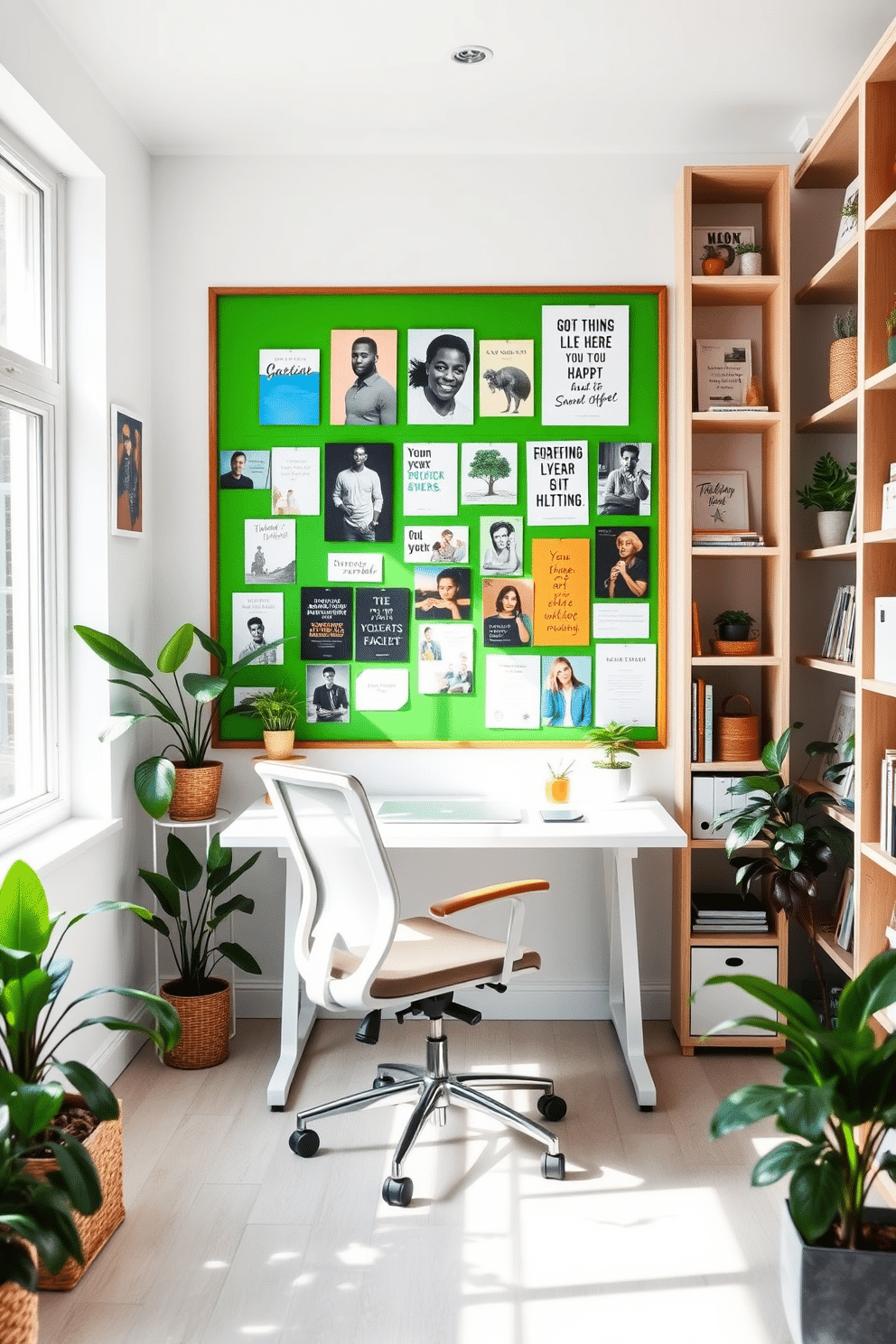 A bright green bulletin board filled with inspiring images and quotes is the focal point of the home office. The space features a sleek white desk paired with a comfortable ergonomic chair, surrounded by potted plants that enhance the vibrant atmosphere. Natural light floods the room through large windows, illuminating the light wood shelving that displays books and decorative items. The walls are painted in a soft, neutral tone to balance the boldness of the bulletin board, creating a harmonious and motivating workspace.