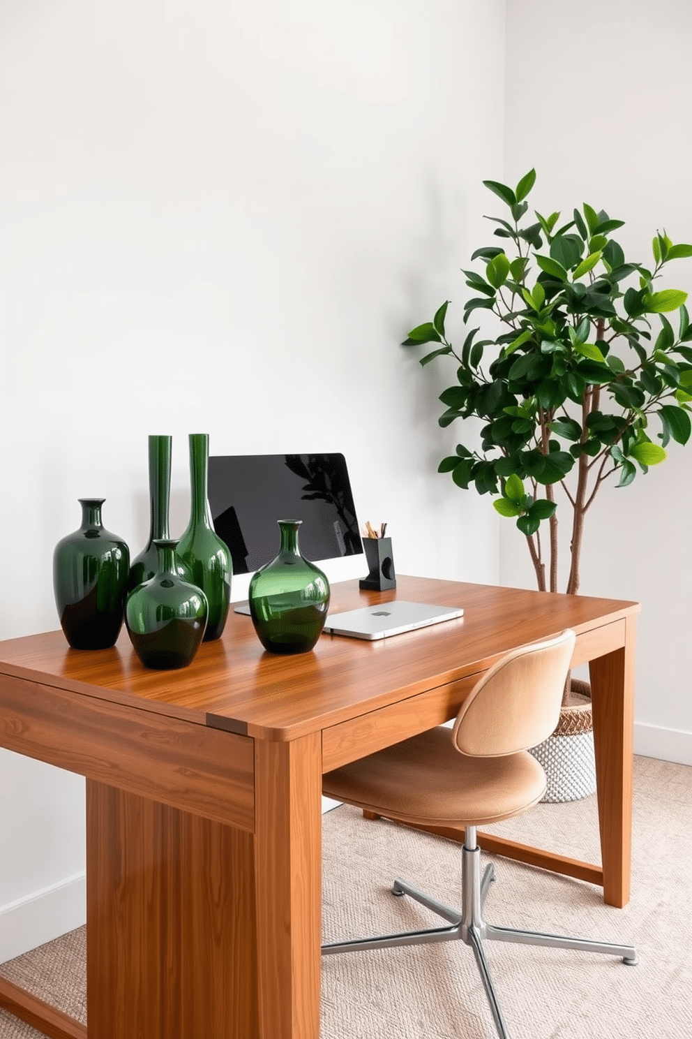 A stylish home office featuring a sleek wooden desk adorned with decorative green vases of varying heights. The walls are painted in a soft white, complemented by a lush indoor plant in the corner, creating a serene and inviting workspace.