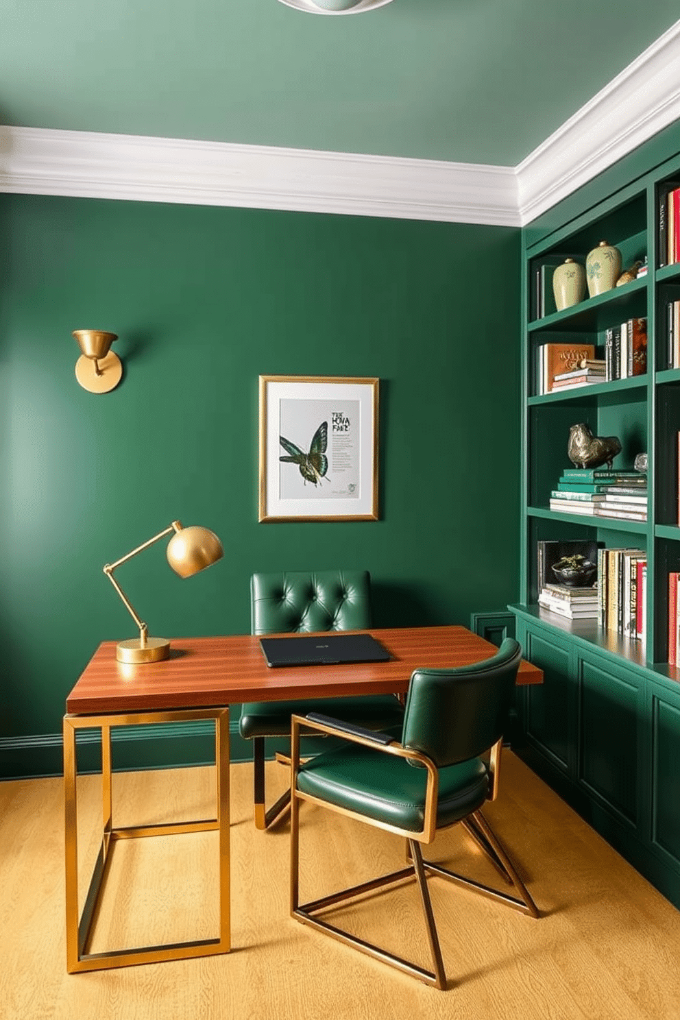 A chic home office featuring a green and brass color scheme. The walls are painted in a deep emerald green, complemented by brass accents on the desk and lighting fixtures. A sleek wooden desk with a brass frame sits against the wall, adorned with a stylish brass lamp and a green leather chair. Shelves filled with books and decorative items in coordinating colors line the walls, creating a sophisticated yet inviting workspace.