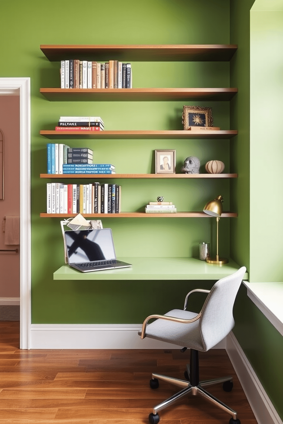 A vibrant green home office features a sleek wall-mounted desk that blends seamlessly with the walls. Above the desk, a series of floating shelves display books and decorative items, adding personality to the space.