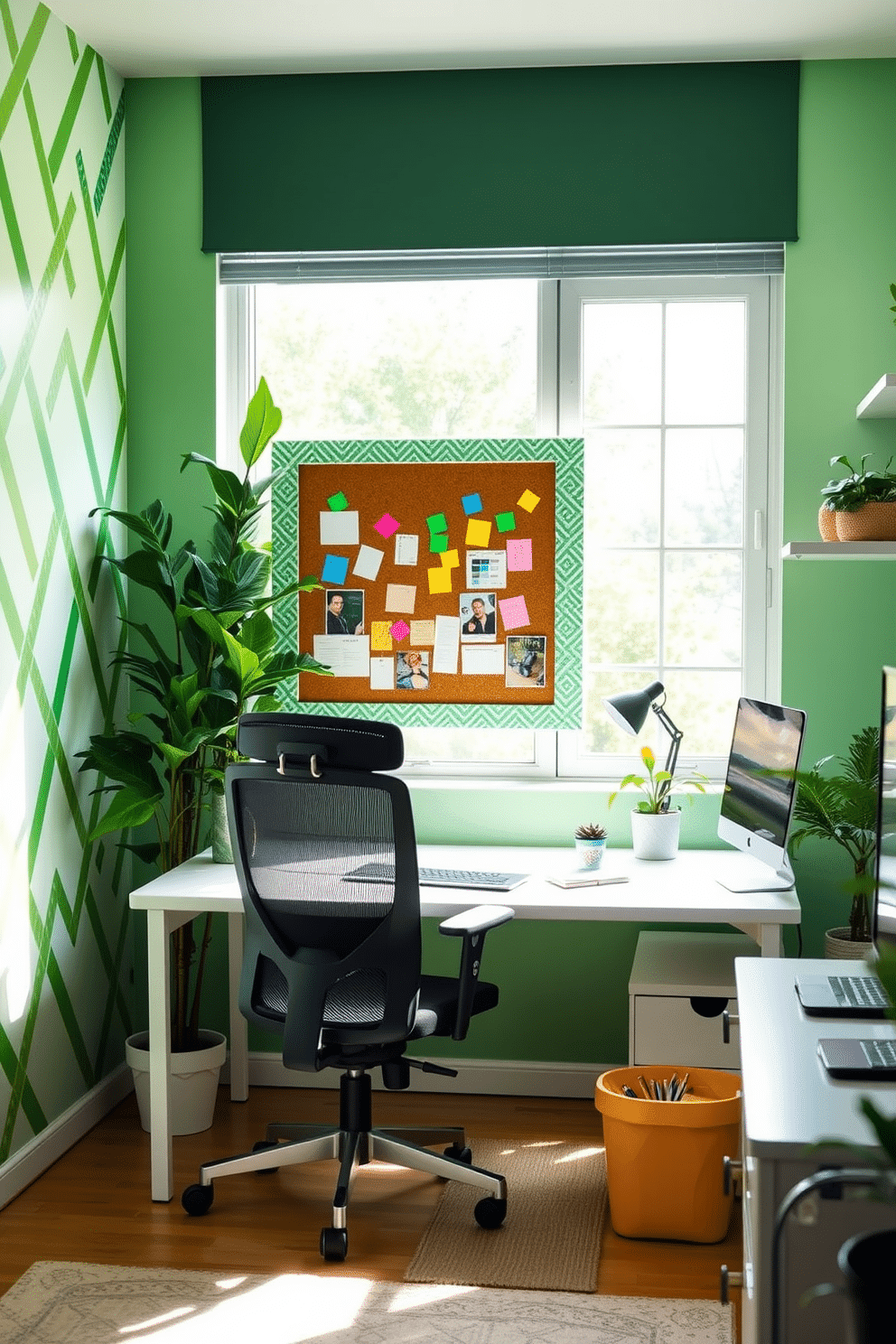 A creative home office featuring vibrant green washi tape decor that adds a playful touch to the workspace. The walls are adorned with geometric patterns made from the tape, while a sleek desk sits against a backdrop of lush indoor plants. The office includes a comfortable ergonomic chair and a large window allowing natural light to flood the space. A corkboard framed with washi tape serves as a functional and decorative element, showcasing colorful notes and inspiration.