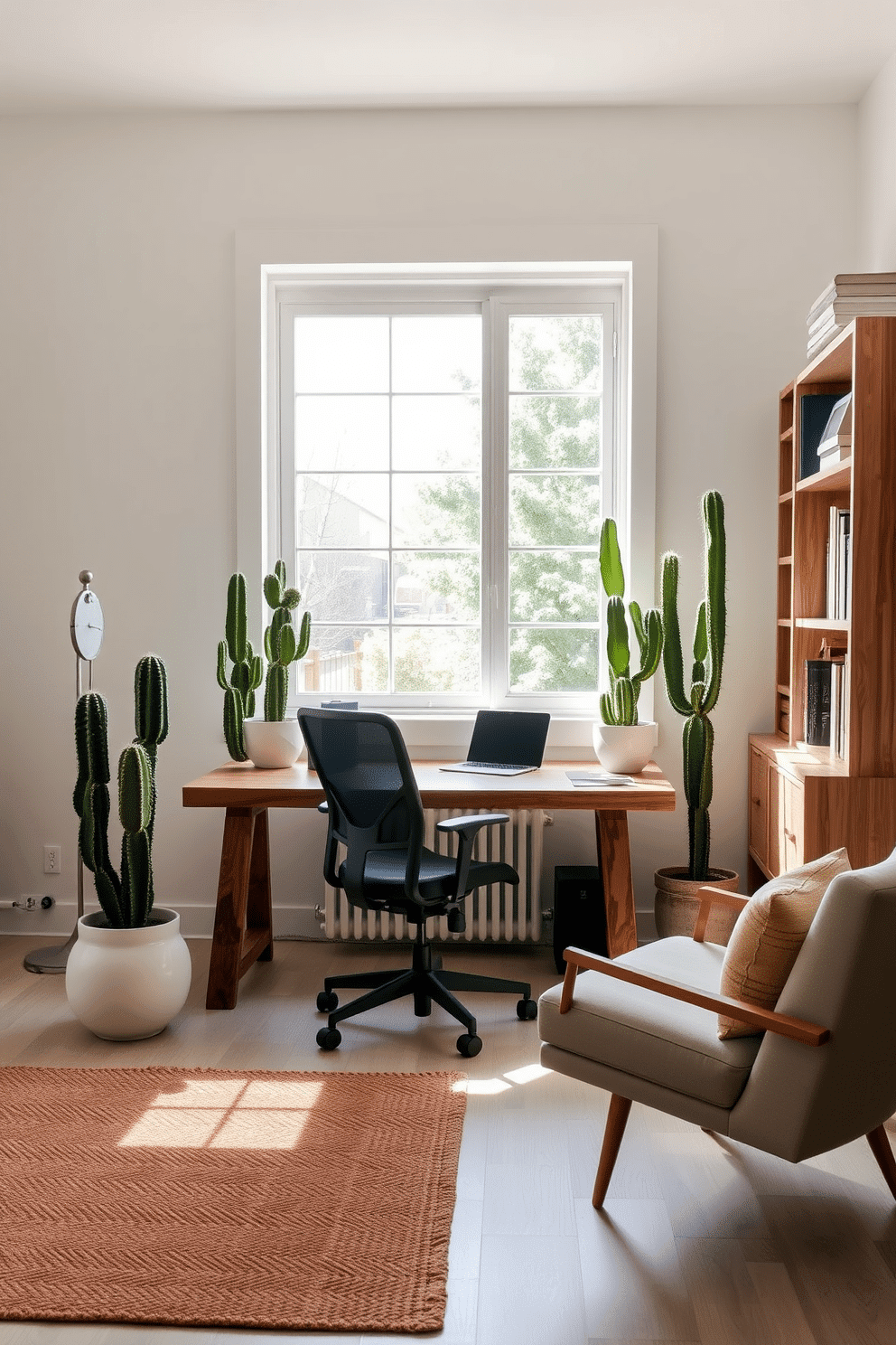 A serene home office featuring a large window that allows natural light to flood the space. The desk is made of reclaimed wood, paired with a comfortable ergonomic chair, and surrounded by lush cactus plants in stylish ceramic pots. The walls are painted in a soft, calming color, complemented by minimalist shelving that holds books and decorative items. A cozy rug in earthy tones anchors the room, while a small seating area with a modern armchair offers a perfect spot for reading or relaxation.