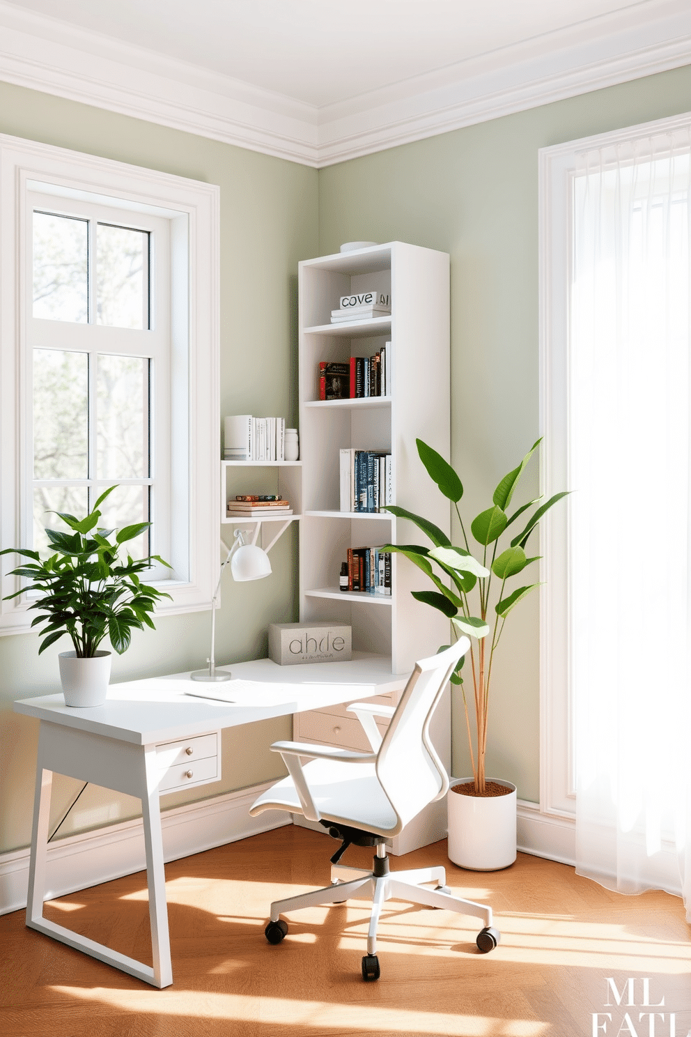 Light green walls with white trim create a serene and inviting atmosphere. A sleek white desk is positioned against the wall, complemented by a comfortable ergonomic chair and stylish shelving units filled with books and decorative items. Natural light floods the space through large windows adorned with sheer white curtains. A lush indoor plant adds a touch of greenery, while a modern desk lamp provides focused lighting for work tasks.