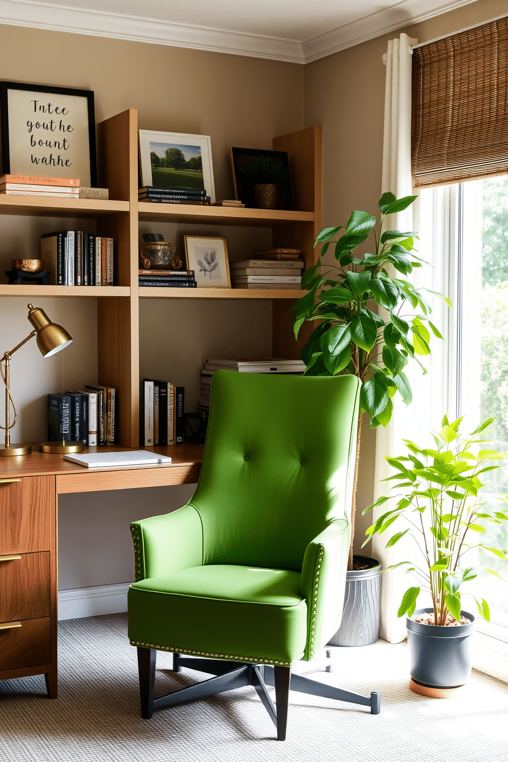 A cozy home office featuring a green accent chair that adds a pop of color and comfort. The workspace includes a sleek wooden desk, a stylish lamp, and shelves filled with books and decorative items, all set against a soft beige wall. The green accent chair is positioned near a large window, allowing natural light to flood the space. A lush indoor plant sits beside the chair, enhancing the room's fresh and inviting atmosphere.