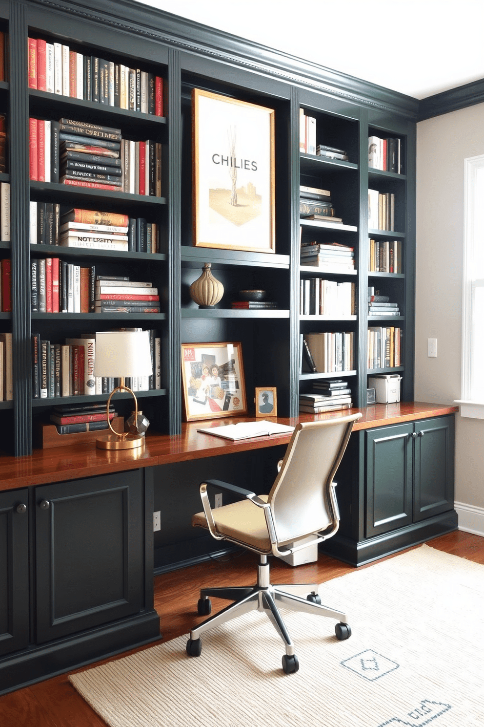 A cozy home office featuring dark green built-in bookshelves that provide ample storage space, filled with an assortment of books and decorative items. A sleek wooden desk sits in front of the shelves, accompanied by a comfortable ergonomic chair and a stylish desk lamp that casts a warm glow over the workspace.