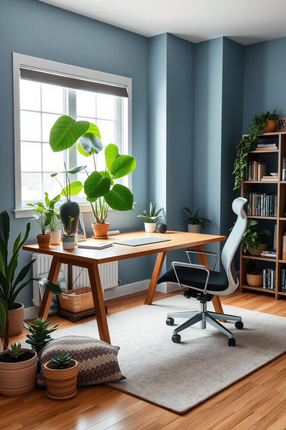 A bright and inviting home office features a large wooden desk positioned near a window, allowing natural light to flood the space. Surrounding the desk are various potted plants, including a tall fiddle leaf fig and smaller succulents, enhancing the air quality and adding a touch of greenery to the modern aesthetic. The walls are painted in a soft, calming blue, complemented by a cozy, light-colored area rug underfoot. A sleek bookshelf filled with books and decorative items lines one side of the room, while a comfortable ergonomic chair invites productivity and creativity in this green-inspired workspace.