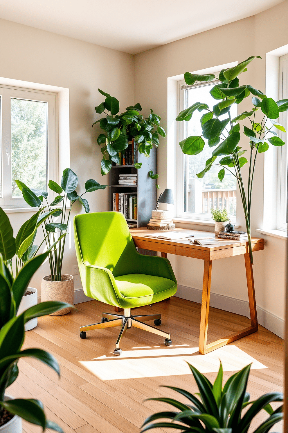 A striking green velvet chair adds a vibrant pop of color to the home office, complementing the warm wood desk and soft beige walls. Natural light floods the space through large windows, highlighting the lush greenery of potted plants placed strategically around the room. The home office features a sleek, modern design with a minimalist aesthetic, showcasing a blend of functionality and style. A stylish bookshelf filled with curated books and decorative items creates an inviting atmosphere, encouraging productivity and creativity.