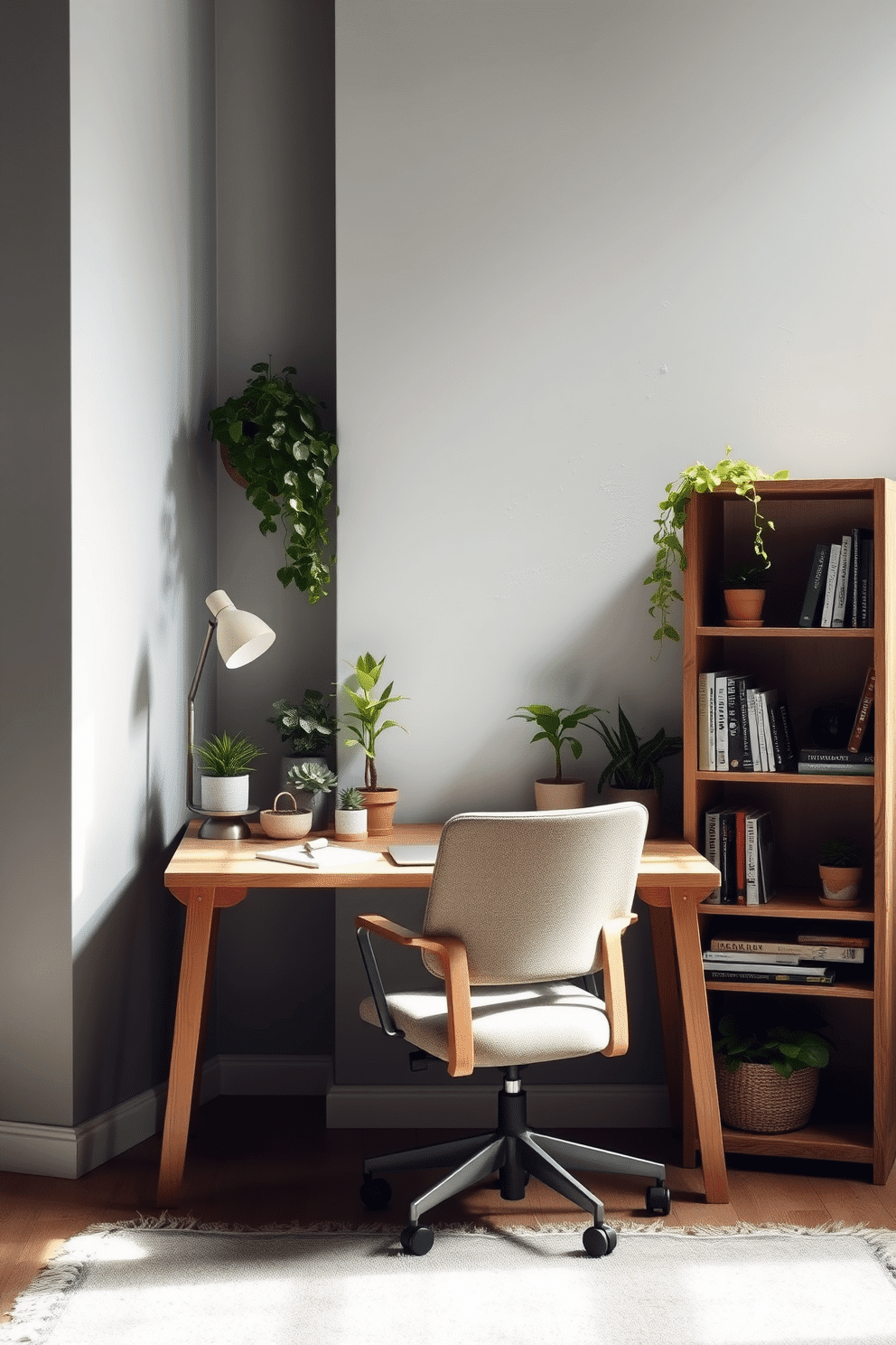 A natural wood desk is positioned against a light gray wall, adorned with various green decor elements like potted plants and a stylish desk lamp. A comfortable ergonomic chair in a soft fabric complements the desk, creating an inviting workspace filled with natural light. To the side, a bookshelf made of reclaimed wood displays an array of books and decorative items, enhancing the eco-friendly atmosphere. The floor is covered with a soft area rug in earthy tones, tying the room together and adding warmth to the green home office design.