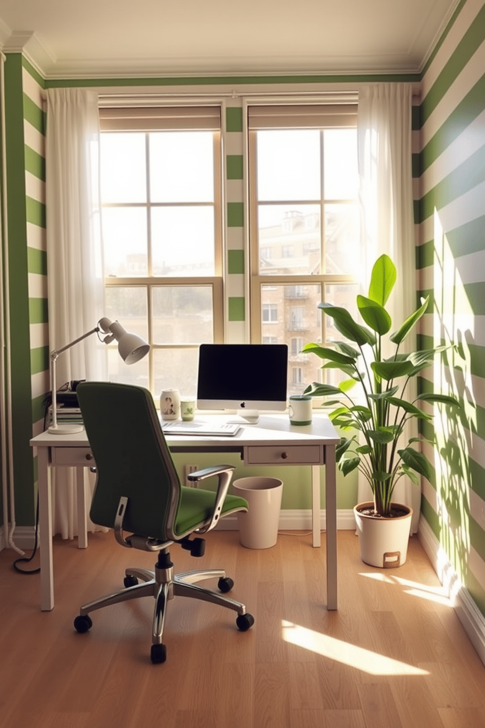 A stylish home office featuring green and white striped wallpaper that adds a fresh and vibrant touch to the space. The desk is a sleek, modern design in white, paired with a comfortable ergonomic chair in a complementary green fabric. Natural light floods the room through large windows adorned with sheer white curtains, creating a bright and inviting atmosphere. A lush indoor plant sits in the corner, adding a pop of greenery and enhancing the overall aesthetic.