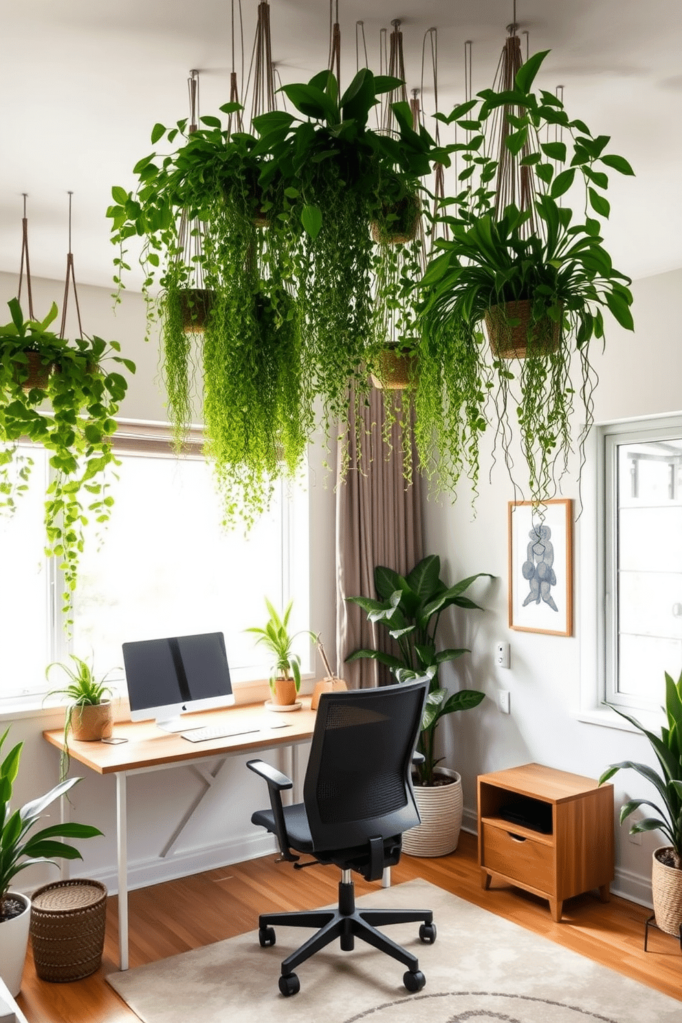 A bright and airy home office featuring hanging plants that cascade down from the ceiling, creating vertical interest and a refreshing atmosphere. The workspace includes a sleek wooden desk paired with an ergonomic chair, surrounded by lush greenery that enhances productivity and well-being. A modern green home office designed with sustainable materials, showcasing a large window that floods the space with natural light. The decor incorporates earthy tones and textures, with a focus on energy-efficient lighting and furniture that promotes a harmonious work environment.