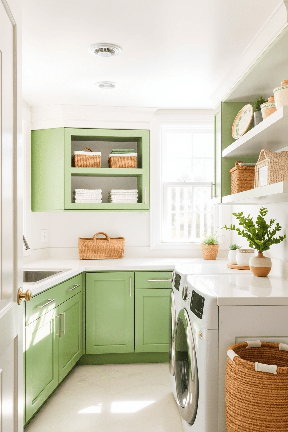 A bright and airy laundry room features green cabinets that provide a refreshing pop of color against the crisp white countertops. The space is enhanced by natural light streaming in through a large window, illuminating the sleek appliances and stylish storage solutions. The walls are painted in a soft, neutral tone to complement the green cabinetry, creating a harmonious balance. Decorative elements such as woven baskets and potted plants add warmth and personality to the functional space.