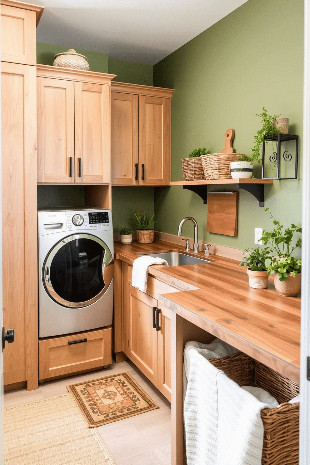 A stylish laundry room featuring natural wood accents and a fresh green paint scheme. The cabinetry is crafted from light oak, providing ample storage space, while the walls are painted in a soft sage green for a calming atmosphere. A spacious countertop made of reclaimed wood offers a practical workspace for folding laundry. Decorative elements include potted plants and woven baskets that enhance the room's natural aesthetic.