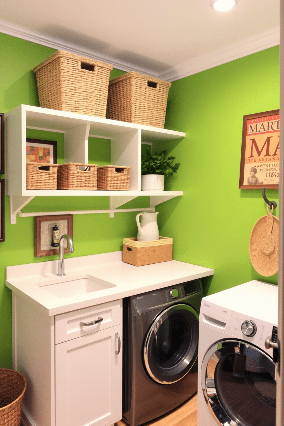 Bright green walls create a vibrant backdrop in this laundry room, complemented by neutral decor that adds warmth and balance. The space features a sleek white countertop with built-in storage, while open shelving displays neatly arranged baskets and plants for a fresh touch.