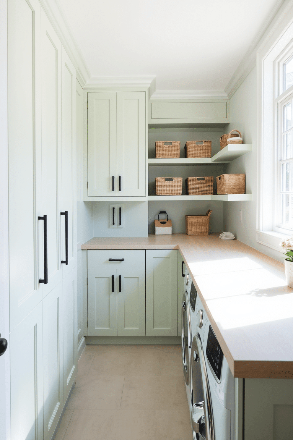 A bright and airy laundry room features pale green cabinets with sleek black handles, providing a modern contrast. The walls are painted in a soft white, enhancing the natural light that floods in through a large window, creating a fresh and inviting atmosphere. A stylish countertop made of light wood runs along one side, offering ample space for folding clothes and organizing laundry supplies. Decorative baskets in neutral tones are neatly arranged on the shelves, adding both functionality and a touch of warmth to the space.