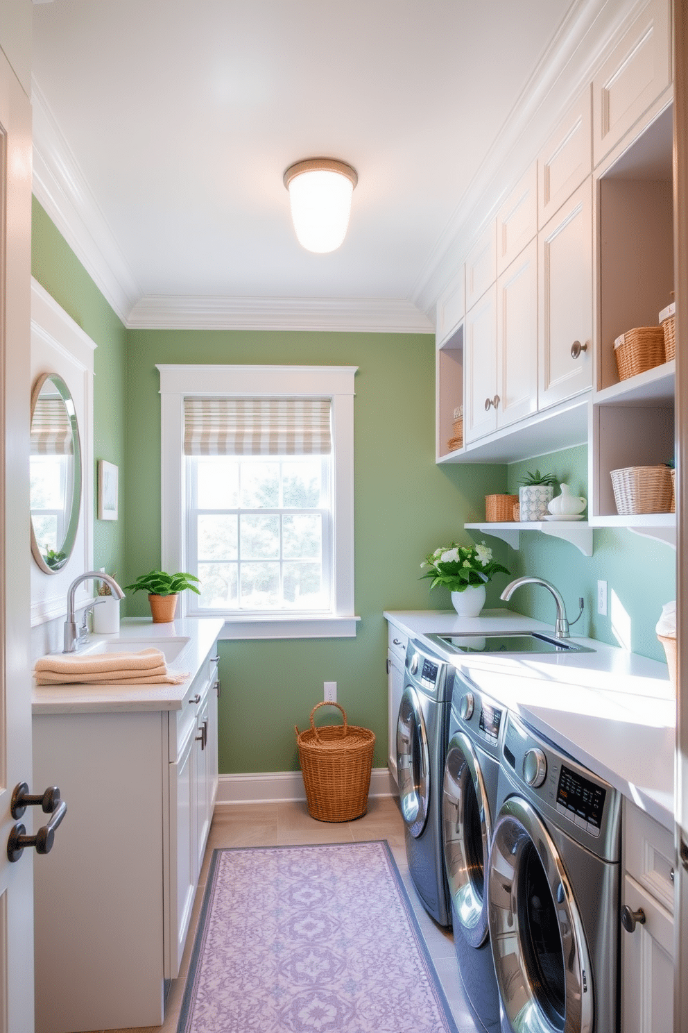 A bright and airy laundry room features green wall paint complemented by crisp white trim. The space includes a stylish countertop for folding clothes, with a built-in sink and ample storage cabinets above. Natural light streams in through a large window, illuminating the room's cheerful color palette. Decorative baskets and potted plants add a touch of warmth and personality to this functional space.