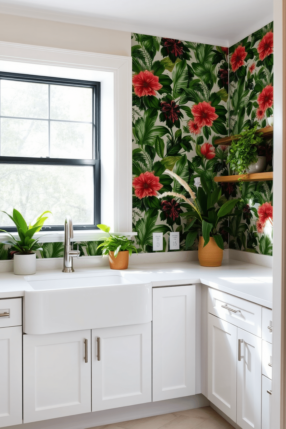 Accent wall with botanical wallpaper. The wall features a vibrant, tropical design that brings the outdoors inside, complemented by soft, natural light streaming through a window. Green laundry room design ideas. The space is equipped with sleek, white cabinetry and a large, farmhouse sink, creating a fresh and inviting atmosphere with pops of greenery throughout.