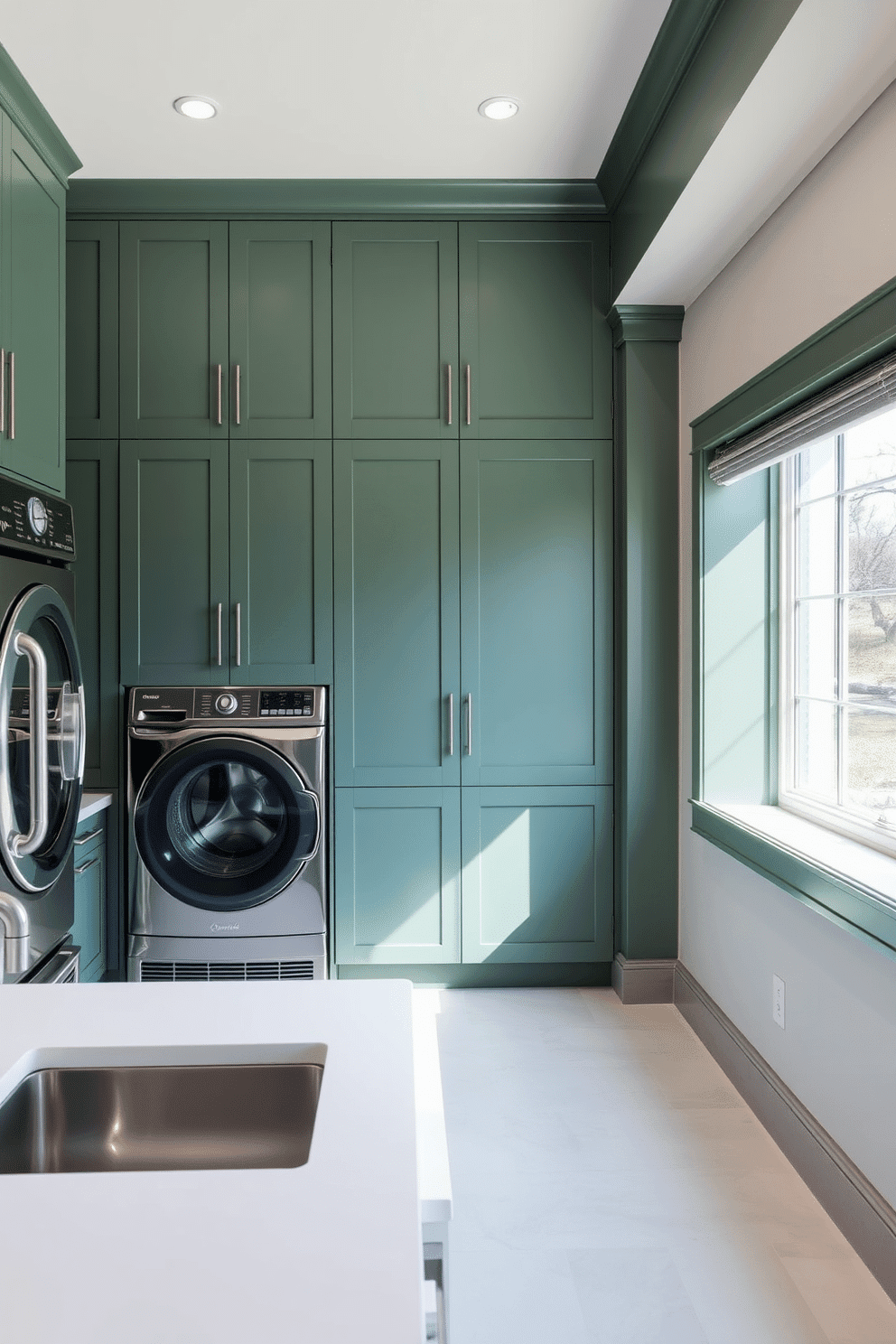 Sleek green cabinetry lines the walls of a contemporary laundry room, complemented by modern stainless steel appliances that enhance functionality. A large window allows natural light to flood the space, illuminating the white countertops and stylish storage solutions.