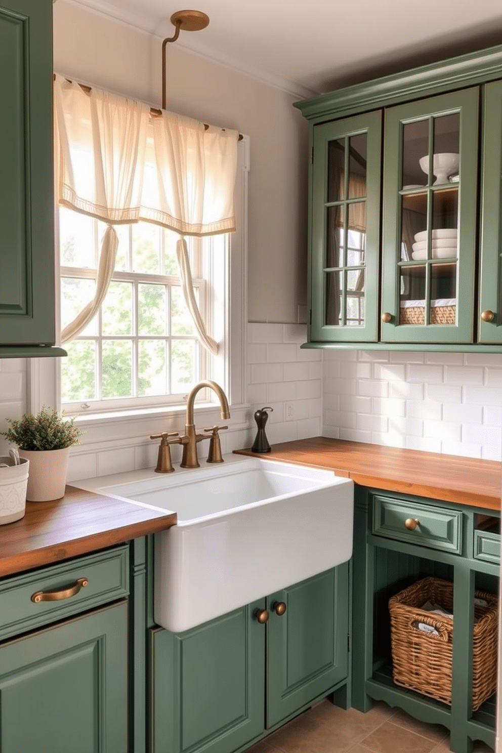 A charming laundry room featuring vintage green cabinets that exude a rustic farmhouse vibe. The centerpiece is a large farmhouse sink, complemented by brass fixtures and a stylish backsplash of white subway tiles. Natural light floods the space through a window adorned with sheer curtains, enhancing the warm, inviting atmosphere. A wooden countertop provides ample workspace, while woven baskets neatly store laundry essentials beneath the cabinets.