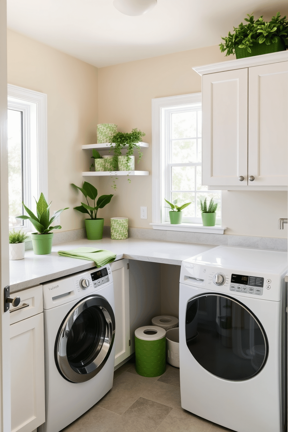 A bright green laundry room features sleek white cabinetry and a spacious countertop for folding clothes. The walls are painted in a soft beige, allowing the vibrant green accents, such as potted plants and decorative storage bins, to stand out beautifully. The floor is adorned with light gray tiles that complement the overall color scheme. Ample natural light floods the room through a large window, enhancing the cheerful atmosphere and making the space feel inviting and fresh.