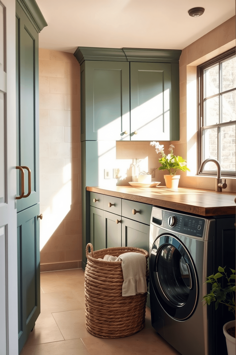 A serene laundry room featuring green cabinetry with a matte finish, complemented by earthy tones throughout the space. The walls are adorned with warm beige tiles, and natural light pours in through a large window, illuminating a stylish countertop made of reclaimed wood. The cabinetry is accented with brass hardware, adding a touch of elegance to the design. A woven basket sits on the floor, providing storage for laundry essentials, while potted plants bring a refreshing touch of nature into the room.