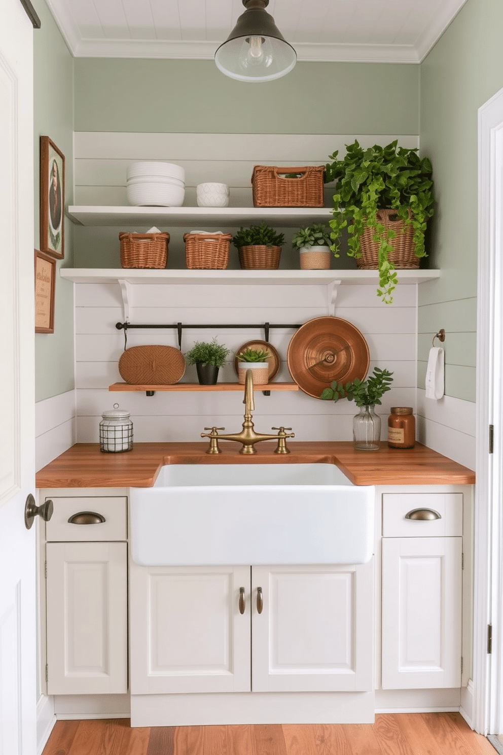 A charming laundry room features a large farmhouse sink with vintage brass fixtures, surrounded by open shelving displaying neatly arranged baskets and plants. The walls are painted in a soft sage green, complemented by white shiplap accents and a rustic wooden countertop that adds warmth to the space.