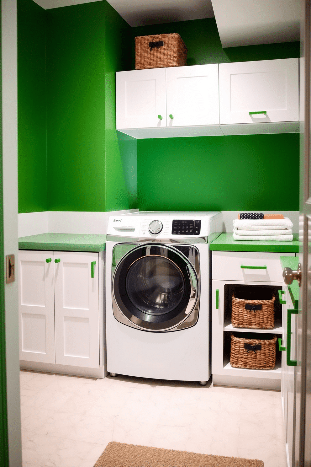 A stylish laundry room featuring a green and white color-blocked design. The walls are painted in a crisp white with bold green accents, creating a fresh and vibrant atmosphere. A modern washer and dryer are neatly integrated into custom cabinetry, with sleek white fronts and green hardware. A spacious countertop in a complementary green hue provides ample space for folding clothes, while decorative baskets add a touch of organization.