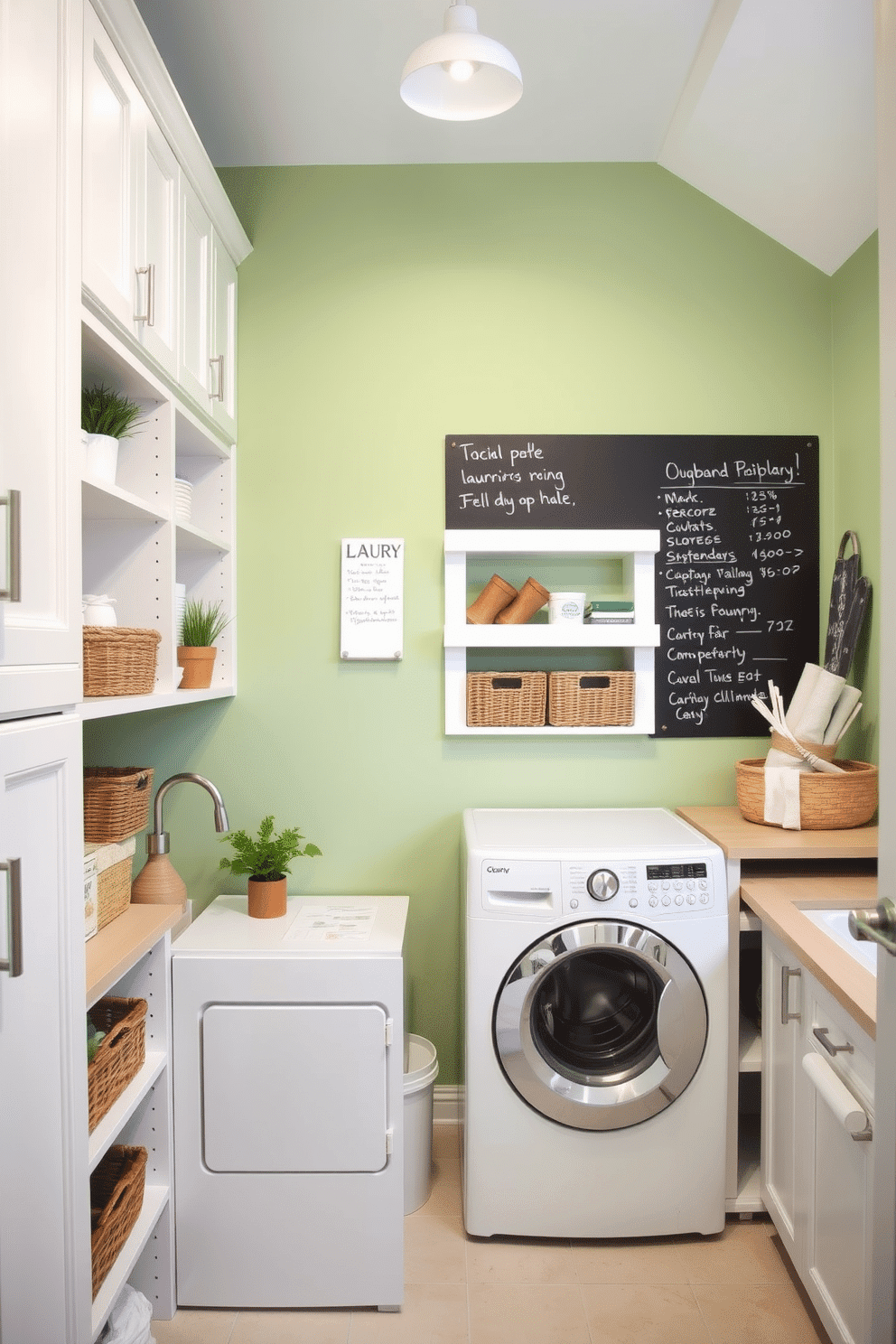 A functional laundry room featuring a chalkboard wall for notes and reminders, creating an organized and interactive space. The room is painted in a soft green hue, complemented by white cabinetry and modern appliances that enhance the overall aesthetic. Bright and airy, the laundry area includes ample storage solutions with open shelving for easy access to supplies. Decorative elements like potted plants and woven baskets add warmth and character to the design.