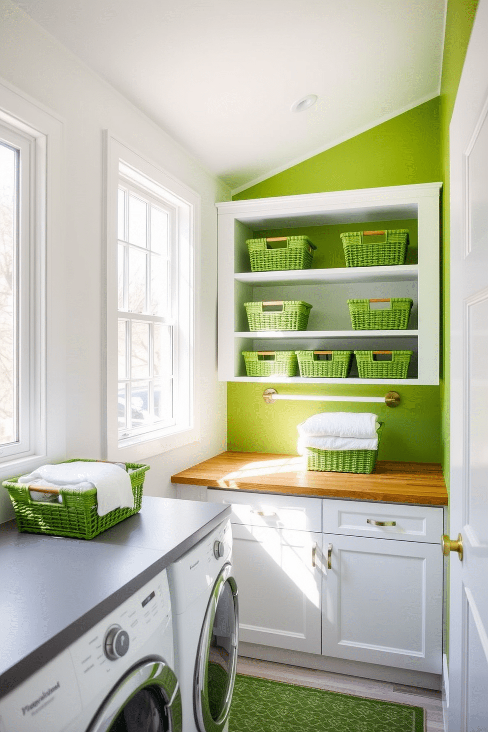 A bright and airy laundry room features decorative green baskets neatly arranged on open shelves, providing both functionality and a pop of color. The walls are painted in a soft white hue, while the countertop is a sleek gray, creating a fresh and inviting atmosphere. Incorporating a stylish folding station with a wooden surface, the space is illuminated by natural light streaming through a large window. A vibrant green accent wall complements the baskets, enhancing the overall design and making laundry chores feel more enjoyable.