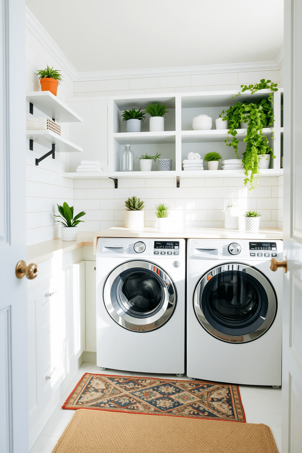 A bright and airy laundry room featuring crisp white tiles accented with vibrant green grout. The space is designed with ample natural light, showcasing open shelving filled with neatly organized laundry essentials and decorative plants. A modern washer and dryer are seamlessly integrated into the cabinetry, which is painted in a soft pastel hue. A stylish countertop provides space for folding clothes, while a cheerful rug adds warmth underfoot.