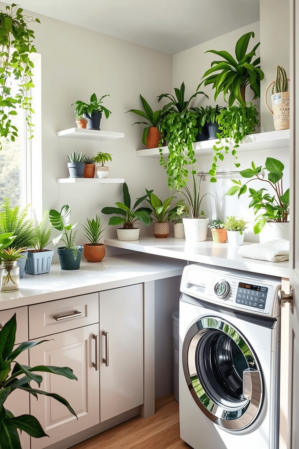 A bright and airy laundry room filled with lush greenery. Various potted plants, including ferns and succulents, are strategically placed on shelves and countertops, creating a refreshing atmosphere. The walls are painted in a soft pastel shade, complementing the natural elements. A modern washing machine and dryer are integrated into custom cabinetry, with a sleek countertop for folding clothes.