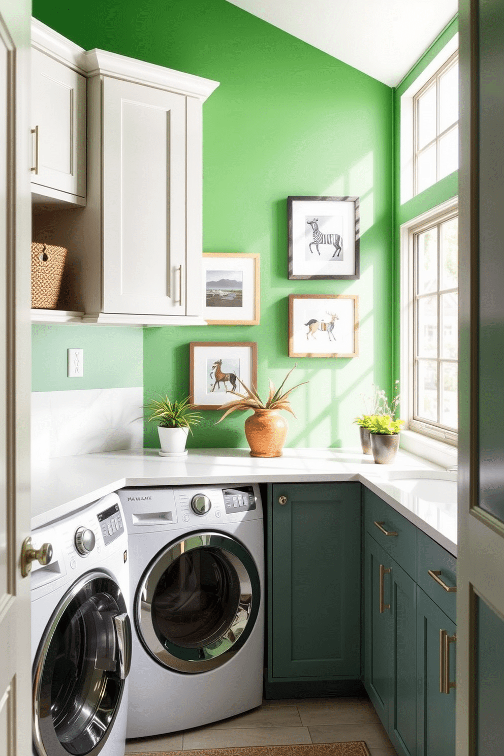 A vibrant green accent wall serves as the focal point of the laundry room, adorned with carefully selected framed art that adds personality and charm. The room features sleek, modern cabinetry in a complementary shade, providing ample storage for laundry essentials and keeping the space organized. The laundry appliances are seamlessly integrated into the cabinetry, with a stylish countertop above for folding clothes. Natural light streams in through a window, illuminating the space and highlighting decorative elements like potted plants and colorful laundry baskets.