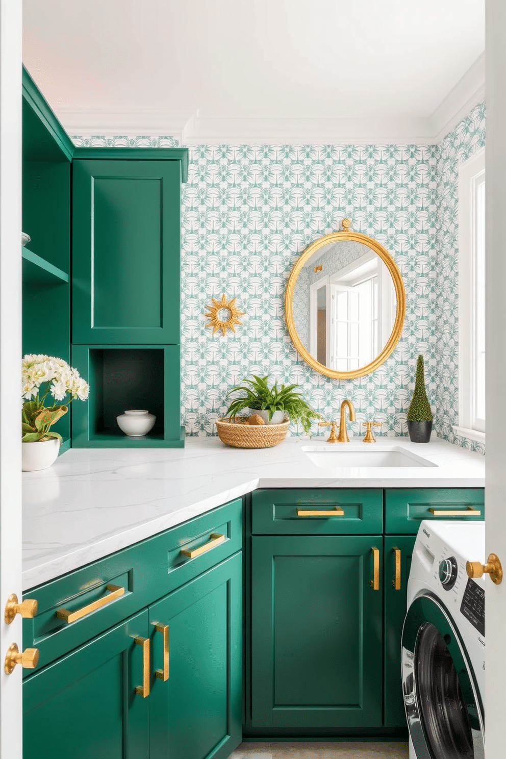 A bright and airy laundry room features bold emerald green cabinetry with sleek gold handles, creating a striking contrast. The walls are adorned with a chic geometric wallpaper in complementary shades of green and white, adding a modern touch. A spacious countertop in a light marble finish provides ample space for folding laundry, while a stylish gold-framed mirror hangs above it. Decorative elements include potted plants and gold accent decor, enhancing the luxurious feel of the space.