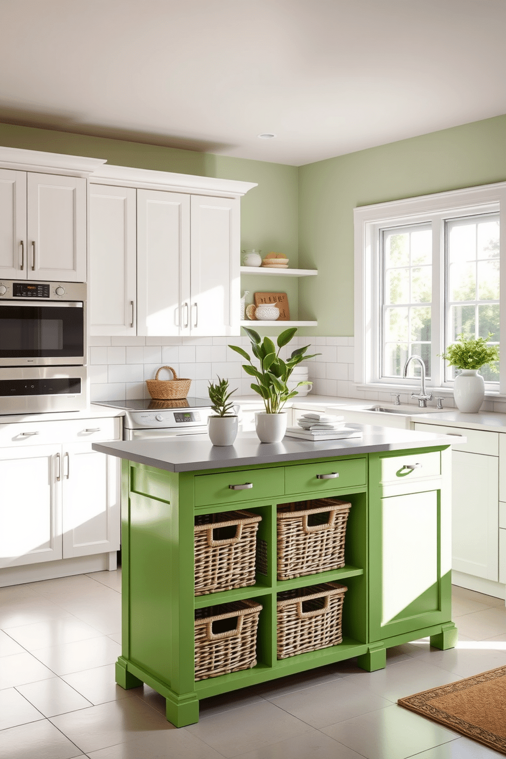 A functional laundry island with a vibrant green paint finish sits at the center of the room, complemented by sleek, white cabinetry and modern appliances. The walls are adorned with cheerful, light-colored tiles, and natural light floods in through a large window, creating an inviting workspace. The island features ample countertop space for folding laundry, with stylish baskets neatly arranged underneath for organization. A decorative touch is added with potted plants on the countertop, enhancing the fresh and lively atmosphere of the green laundry room design.