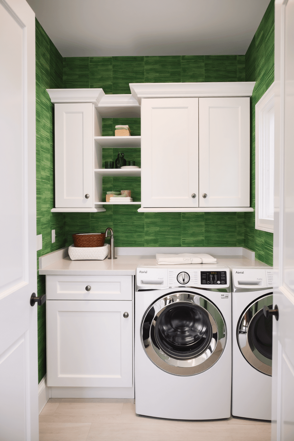 A vibrant green laundry room adorned with textured wallpaper that adds depth and character to the space. The room features sleek white cabinetry, a spacious countertop for folding clothes, and a stylish washing machine and dryer set seamlessly integrated into the design.