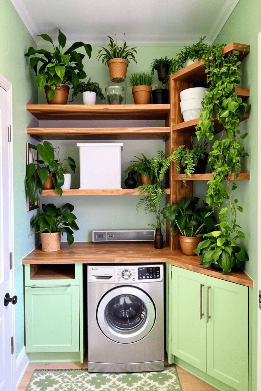 Open shelving made of reclaimed wood showcases an array of lush green plants, creating a vibrant and inviting atmosphere. The walls are painted in a soft, refreshing mint green, complementing the natural elements and enhancing the room's brightness. The laundry room features sleek, modern appliances seamlessly integrated into the design, surrounded by stylish storage solutions. A patterned rug in shades of green and white adds a touch of warmth and comfort underfoot, making the space both functional and aesthetically pleasing.