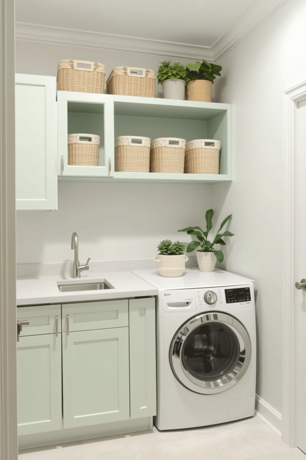 A bright and airy laundry room features light green cabinets that blend seamlessly with the soft, neutral walls. Open shelving above the countertop displays neatly arranged baskets and plants, adding a touch of greenery and organization to the space.