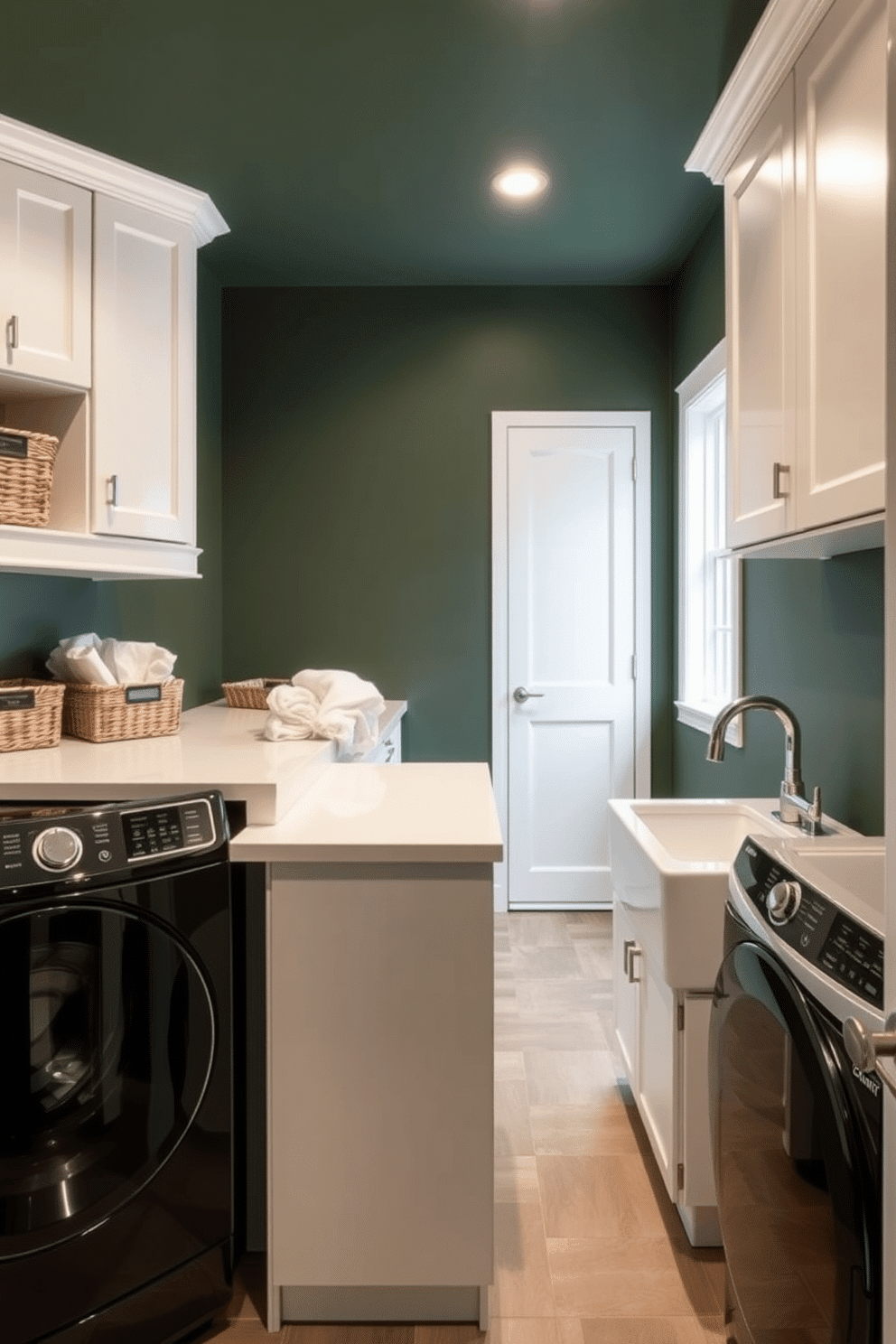 A modern laundry room featuring dark green walls that create a rich, inviting atmosphere. Sleek, white cabinetry contrasts beautifully with the deep wall color, while stylish light fixtures illuminate the space with a warm glow. The room includes a spacious countertop for folding clothes, adorned with decorative baskets for organization. A practical laundry sink is positioned next to the washer and dryer, enhancing functionality while maintaining the room's aesthetic charm.