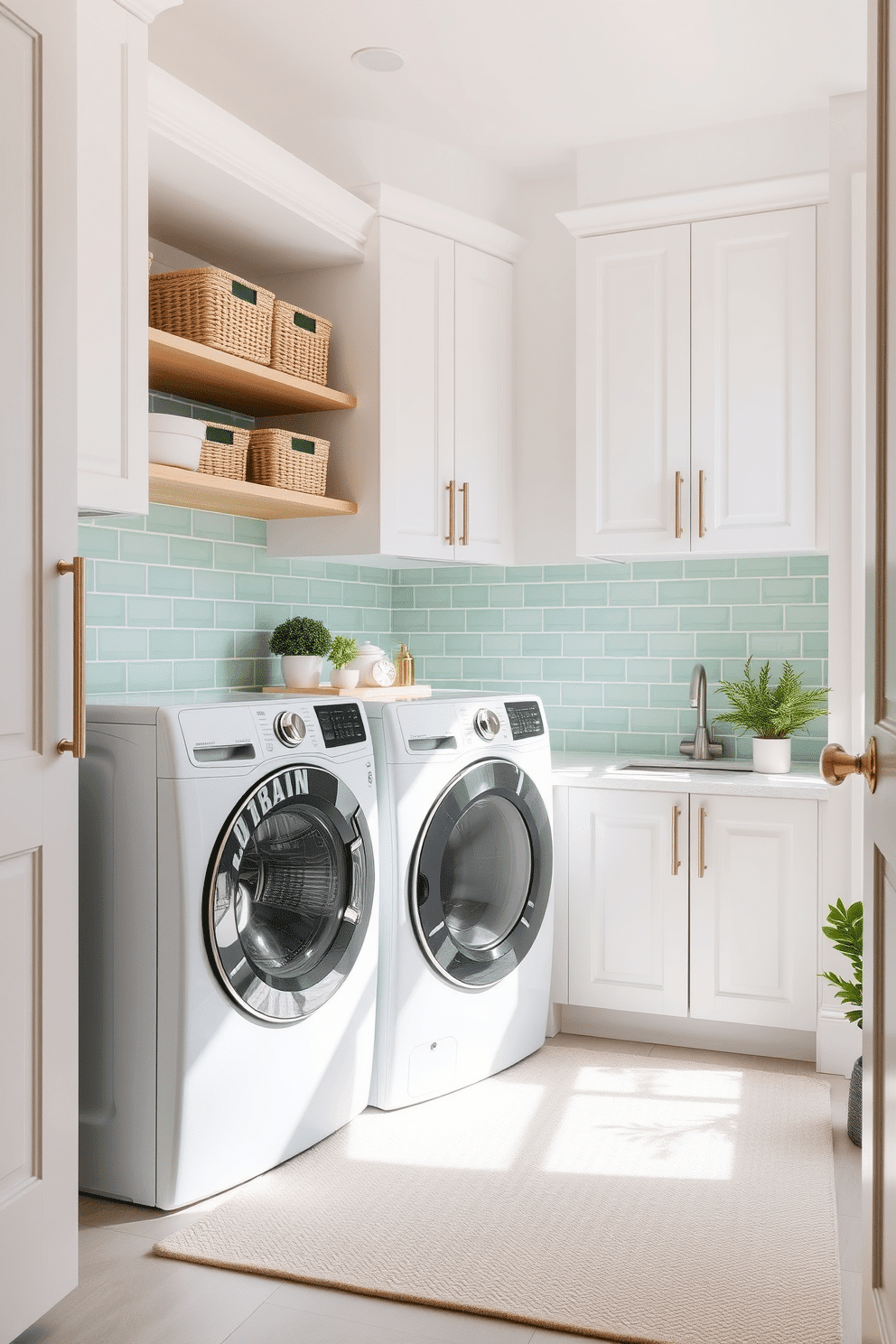 A bright and airy laundry room featuring a backsplash of pastel green tiles that add a fresh touch to the space. The room is equipped with sleek white cabinetry and a modern washer and dryer, complemented by natural light streaming in through a large window. Incorporating open shelving above the machines allows for stylish storage of laundry essentials, with decorative baskets in soft neutrals. A cozy rug in a light color anchors the space, while potted plants bring a hint of nature indoors.