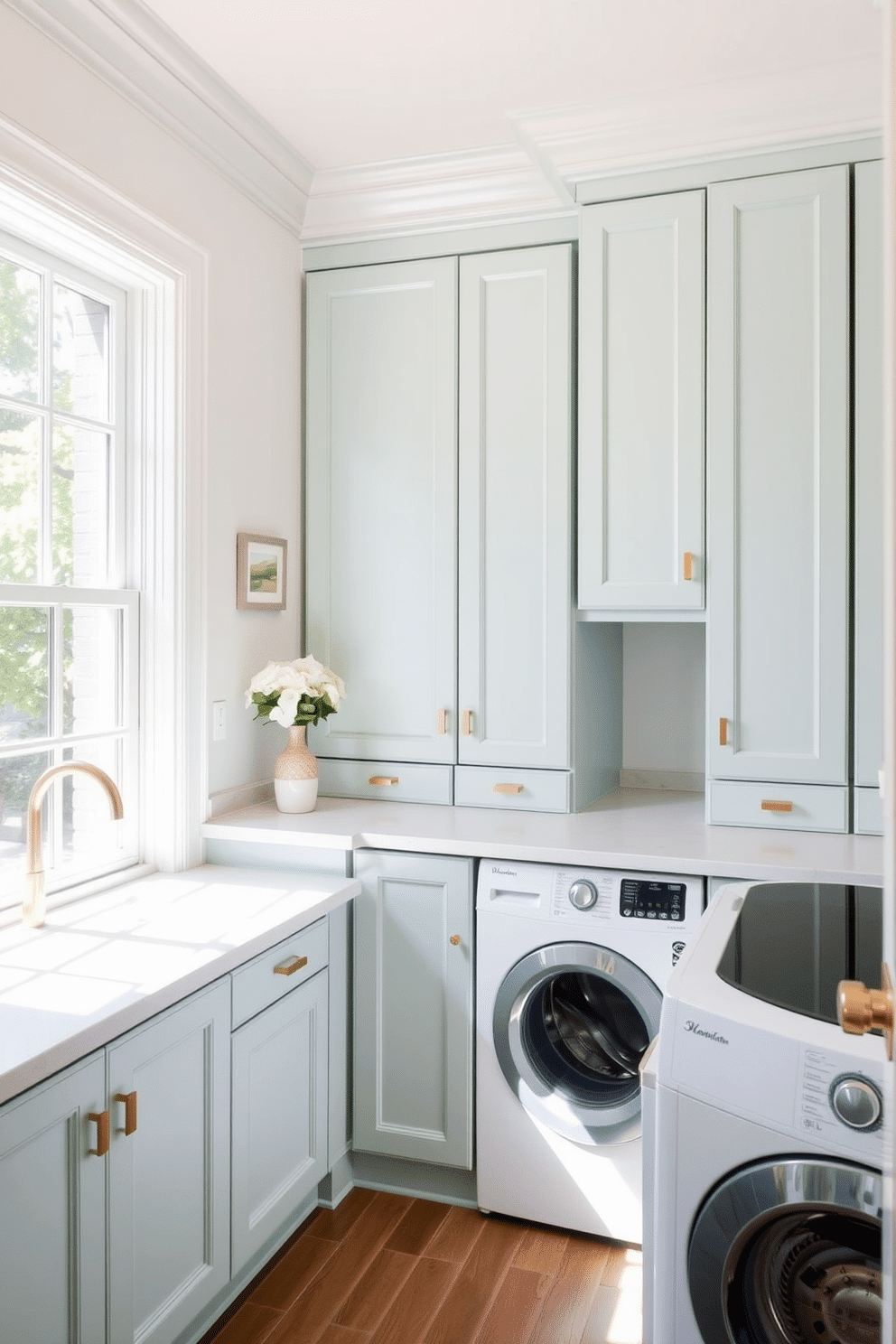 A bright and airy laundry room features mint green cabinetry accented with elegant brass hardware. The space is illuminated by natural light streaming in through a large window, highlighting the fresh color palette and modern design elements.