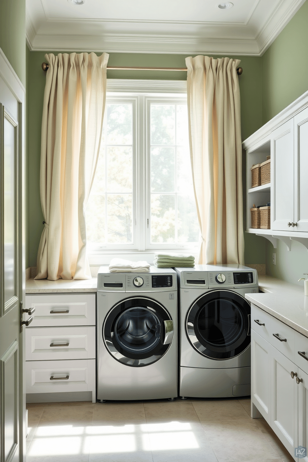 A serene laundry room featuring soft linen curtains that elegantly frame a large window, allowing natural light to filter in and enhance the green tones of the space. The walls are painted in a soft sage green, and the cabinetry is a crisp white, creating a fresh and inviting atmosphere. Incorporate a spacious countertop for folding clothes, adorned with decorative baskets in varying shades of green. A stylish, energy-efficient washer and dryer set is seamlessly integrated into the cabinetry, maintaining a clean and organized look.