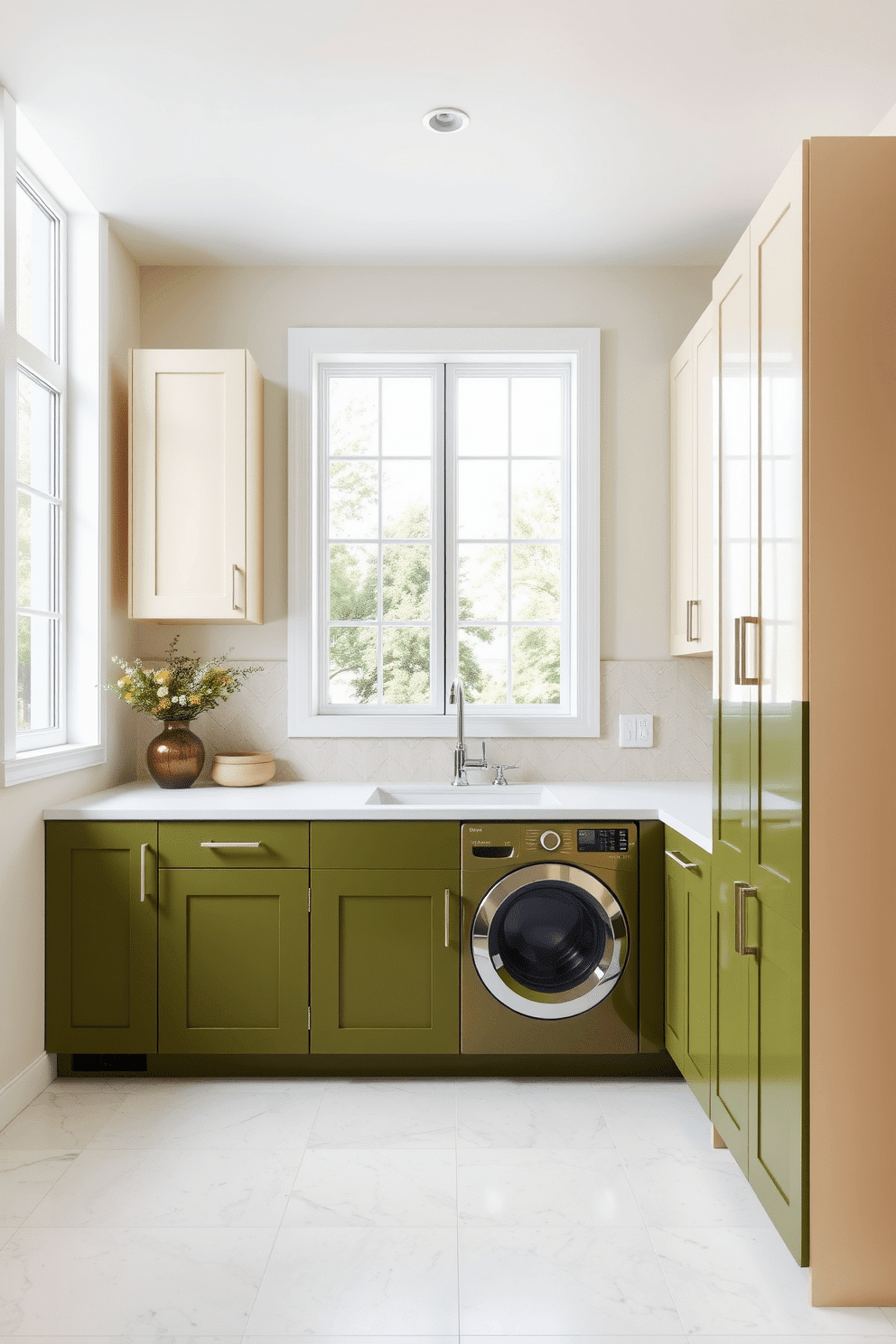 A modern laundry room featuring two-tone cabinets in olive green and cream, providing a fresh and inviting atmosphere. The cabinets are sleek and handleless, complemented by a white countertop that offers ample workspace for laundry tasks. The walls are painted a soft, neutral tone to enhance the brightness of the room, while large windows allow natural light to flood in. A stylish backsplash in a geometric pattern adds visual interest, and a practical laundry sink is integrated into the design for convenience.