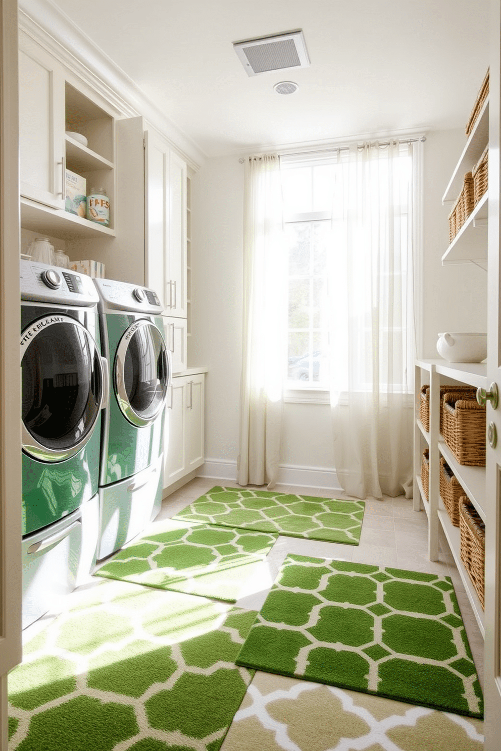 A bright and airy laundry room featuring geometric patterned rugs in various shades of green. The space is equipped with modern appliances, including a sleek washer and dryer set, surrounded by cabinetry in a fresh white finish. Natural light floods the room through a large window adorned with sheer curtains, highlighting the vibrant rug patterns. Stylish storage solutions, such as wicker baskets and open shelving, add both functionality and charm to the design.